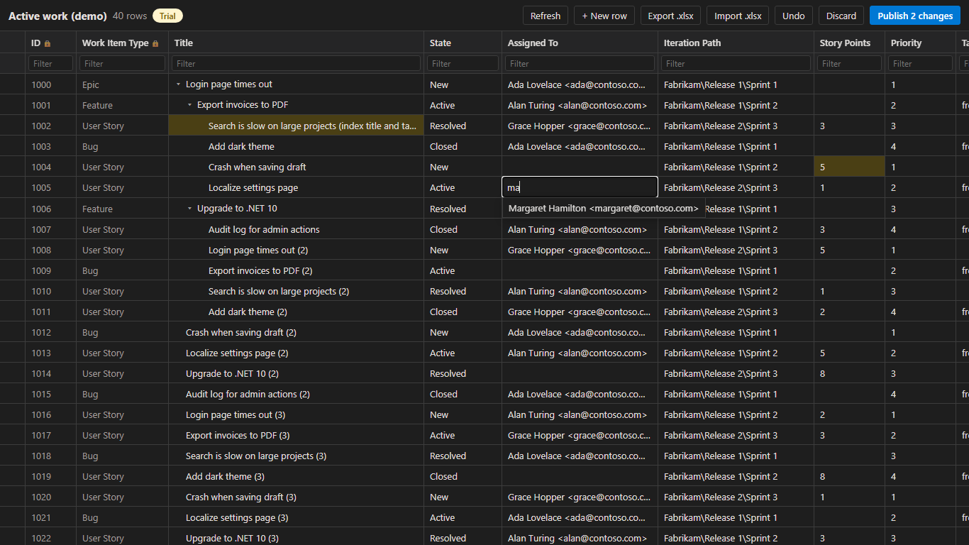The grid in the dark theme