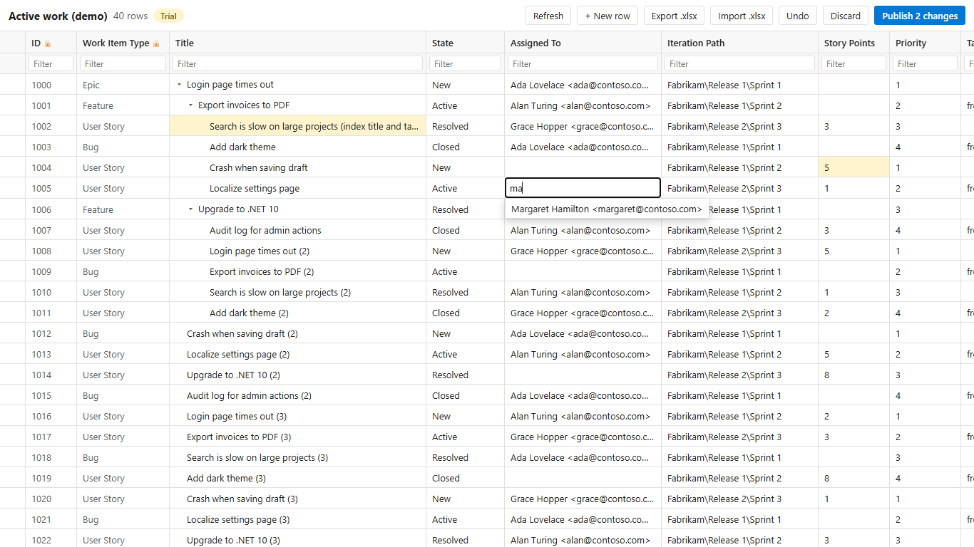 Grid with work items in a tree, a filter row, edited cells and a people search for Assigned To