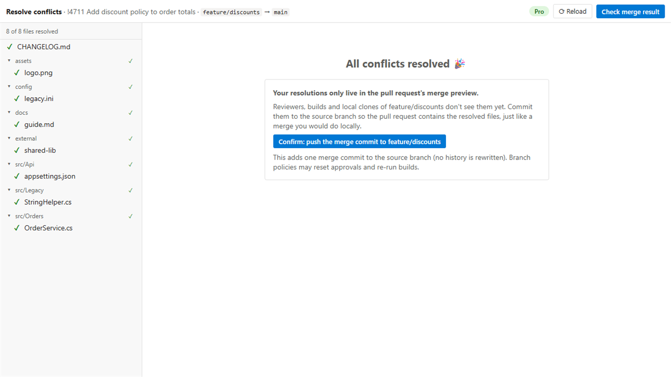 The Resolve conflicts tab after the last conflict is resolved, with a button to push the merge commit to the source branch