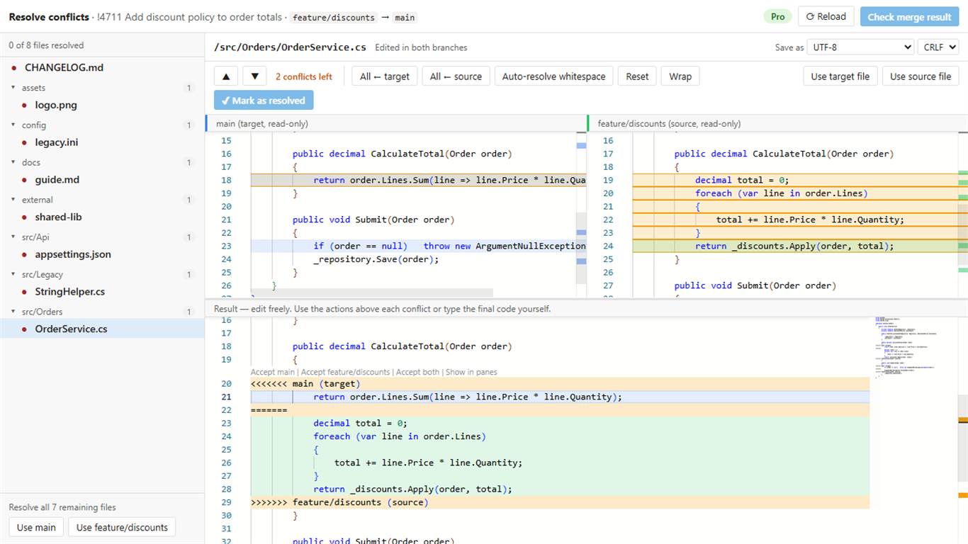 3-way merge editor with one-click actions above every conflict